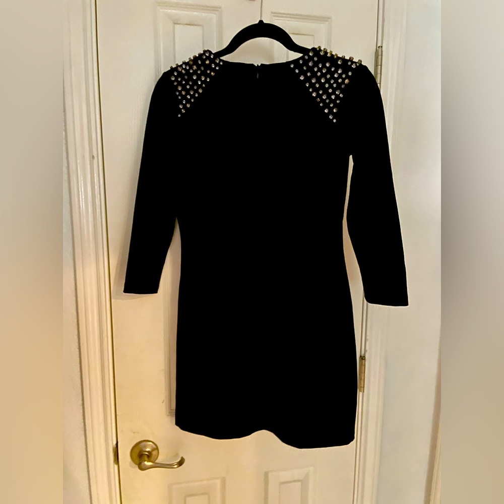 Black Cocktail Dress with Rhinestones on Shoulders